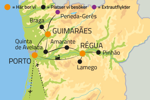 Geografisk karta ver Porto och Dourodalen i Portugal.